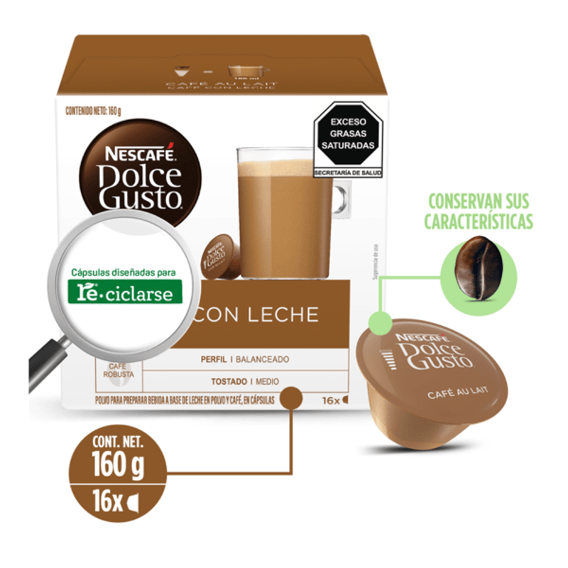 Con leche, 26 cápsulas Dolce Gusto® (formato ahorro) - Cafés Baqué