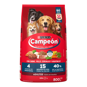 Purina Campeón Alimento Seco para Perros Adultos Todos los Tamaños Soya Maíz Carne y Pollo Bulto de 800 g