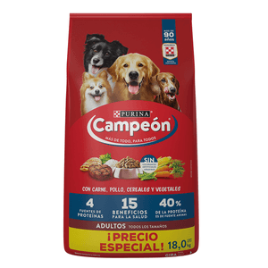 Purina Campeón Alimento Seco para Perros Adultos Todos los Tamaños Soya Maíz Carne y Pollo Bulto de 18 kg