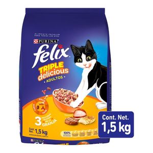 Purina Felix Triple Delicious Granja Alimento Seco para Gatos Adultos Con Pollo Pavo y Carne Bulto de 1.5 kg Alimento Húmedo para Perro Pollo en Paté 85 g