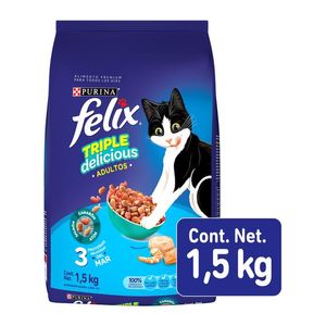 Purina Felix Triple Delicious Mar Alimento Seco para Gatos Adultos Con Camarón Salmón y Atún Bulto de 1.5 kg Alimento Húmedo Gato Parrillada Mixta 85 g