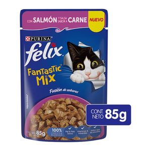 Purina Felix Fantastic Mix Con Salmón y Salsa Sabor Carne Alimento Húmedo para Gatos Adultos Pouch 85 g Premios para Perro Trocitos de Carne 250 g