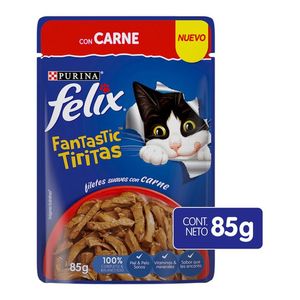 Purina Felix Fantastic Tiritas Con Carne Alimento Húmedo para Gatos Adultos Pouch 85 g Premios para Perros Palitos Dental 2 Pz