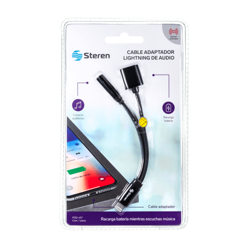 Cable Adaptador Lightning para audio 3.5 mm y carga marca Steren