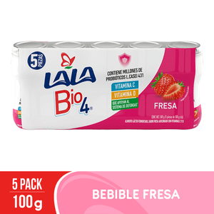 Lala Yogurt Bio 4 Fresa 5pack 100 g Danonino Probióticos Bebible con Vitamina C, D y Calcio sabor Fresa 80 g con 5 pz