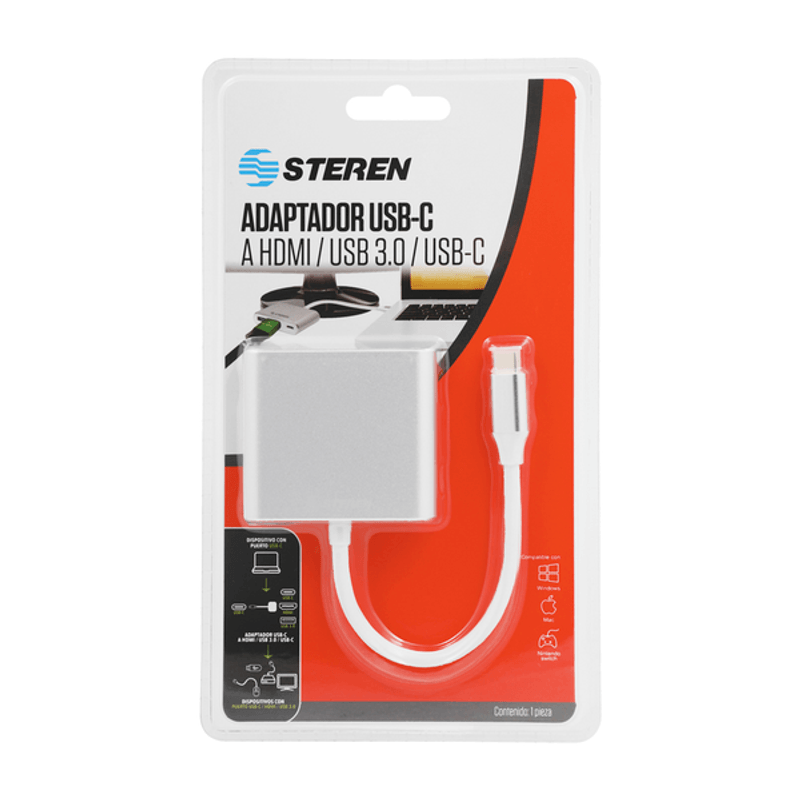 Adaptador de cable tipo C a HDMI C y USB Steren USB-471