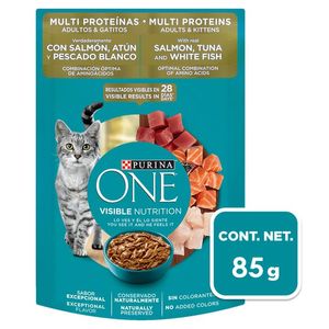 Purina One Alimento Húmedo Gatitos y Gatos Adultos Multi Proteínas Con Salmón Atún y Pescado Blanco Real Pouch de 85 g Alimento Seco para Perros Razas Pequeñas 7 kg