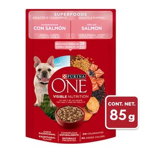 Purina One Alimento Húmedo Cachorros y Perros Adultos Superfoods Salmón Con Carne Real Pouch de 85 g Purina Fancy Feast Casserole Pollo y Pavo Alimento Húmedo para Gatos Adultos Pouch de 85 g