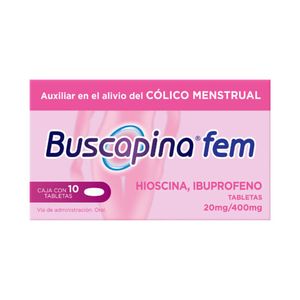 Buscapina Fem Analgesico Estomacal Hioscina 20 Mg / Ibuprofeno 400 Mg con 10 pz Buscapina Fem Alivia Los Cólicos Menstruales Hioscina 20 Mg / Ibuprofeno 400 Mg 10 Tabletas