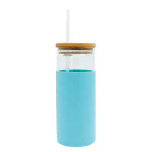 Vaso Vidrio Azul 660ml con Popote 1 Pz